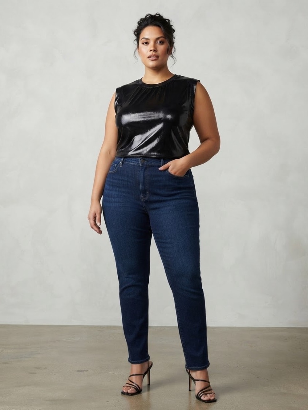 Gilli Sleeveless Shiny Black Tank Top